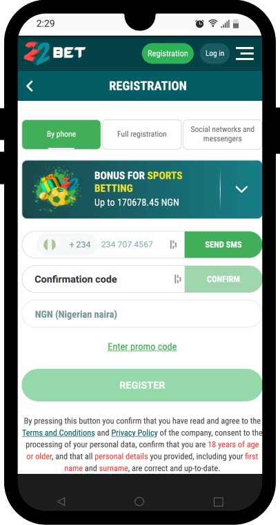 22Bet registration and account information