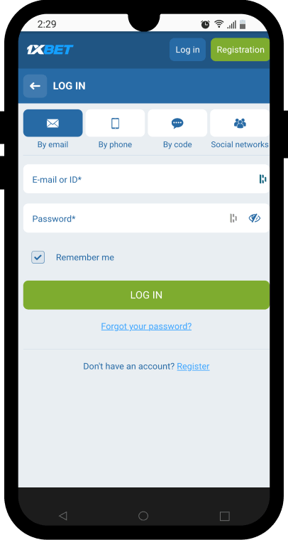 1xbet home login page with registration link