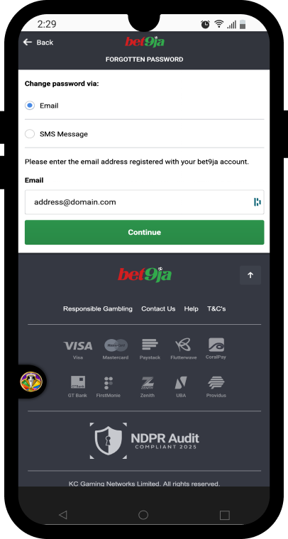Bet9ja Password recovery