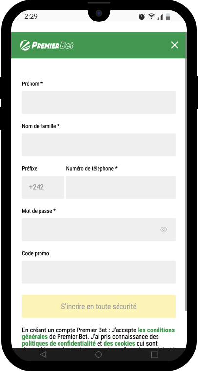 Formulaire d'inscription Premier Bet